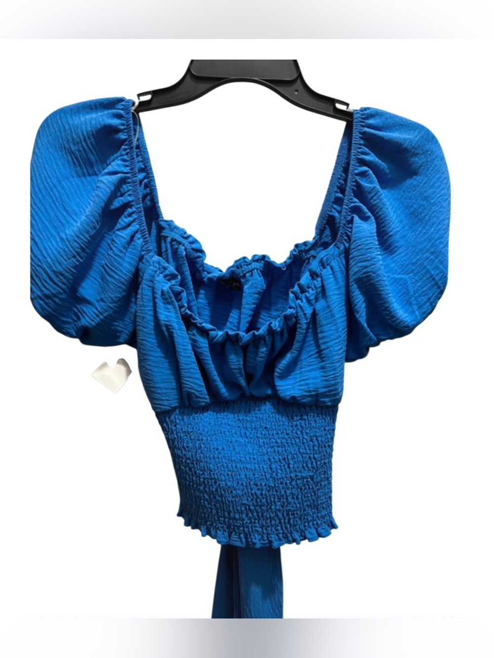 NEW- 8-10 bohemian Y2K sky, blue Puff-Sleeve Smocked Women's off shoulder Top